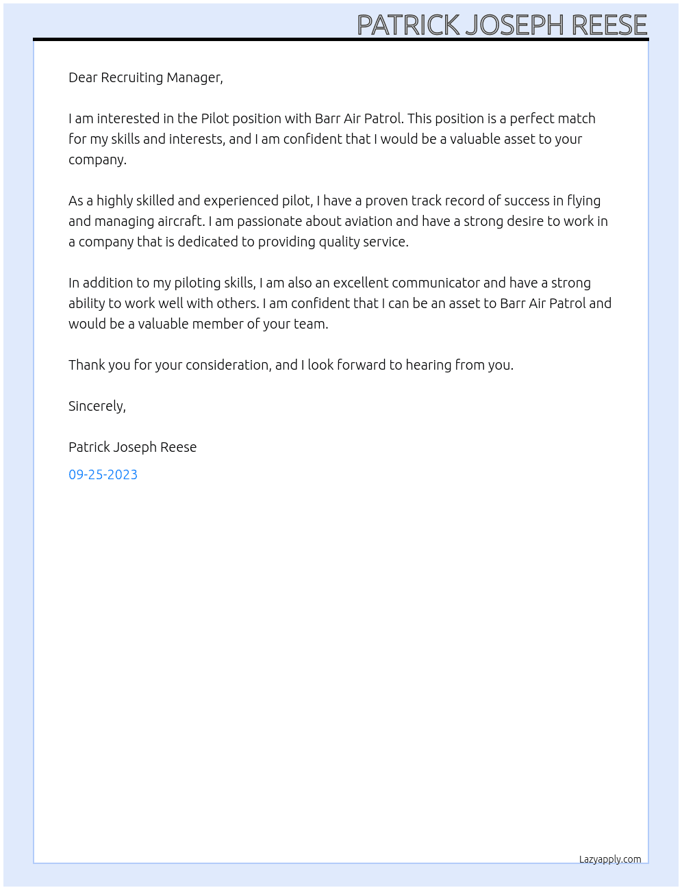Pilot At Barr Air Patrol Cover Letter