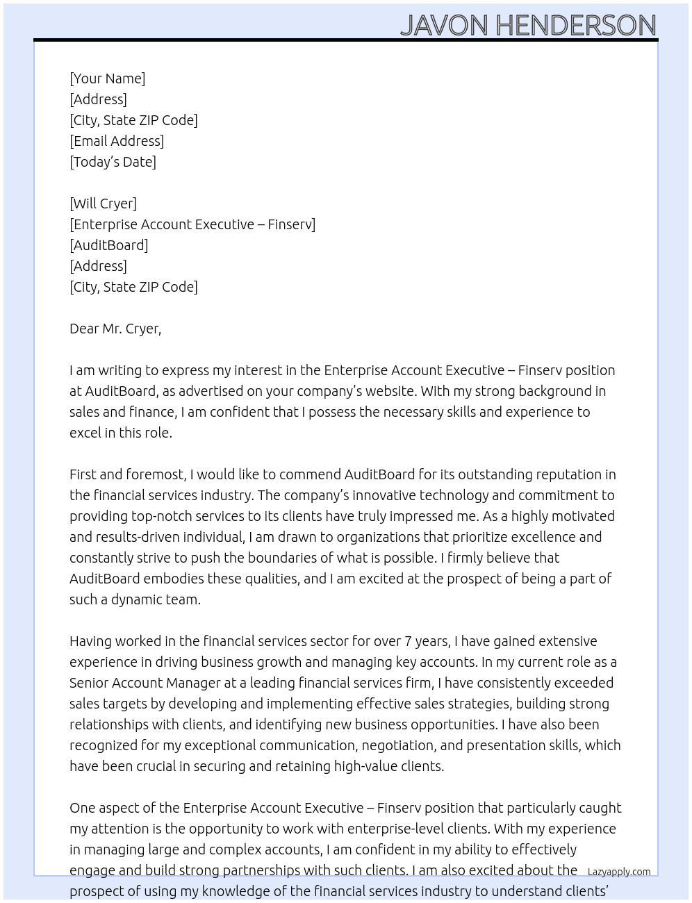 Enterprise Account Executive - Finserv At AuditBoard Cover Letter