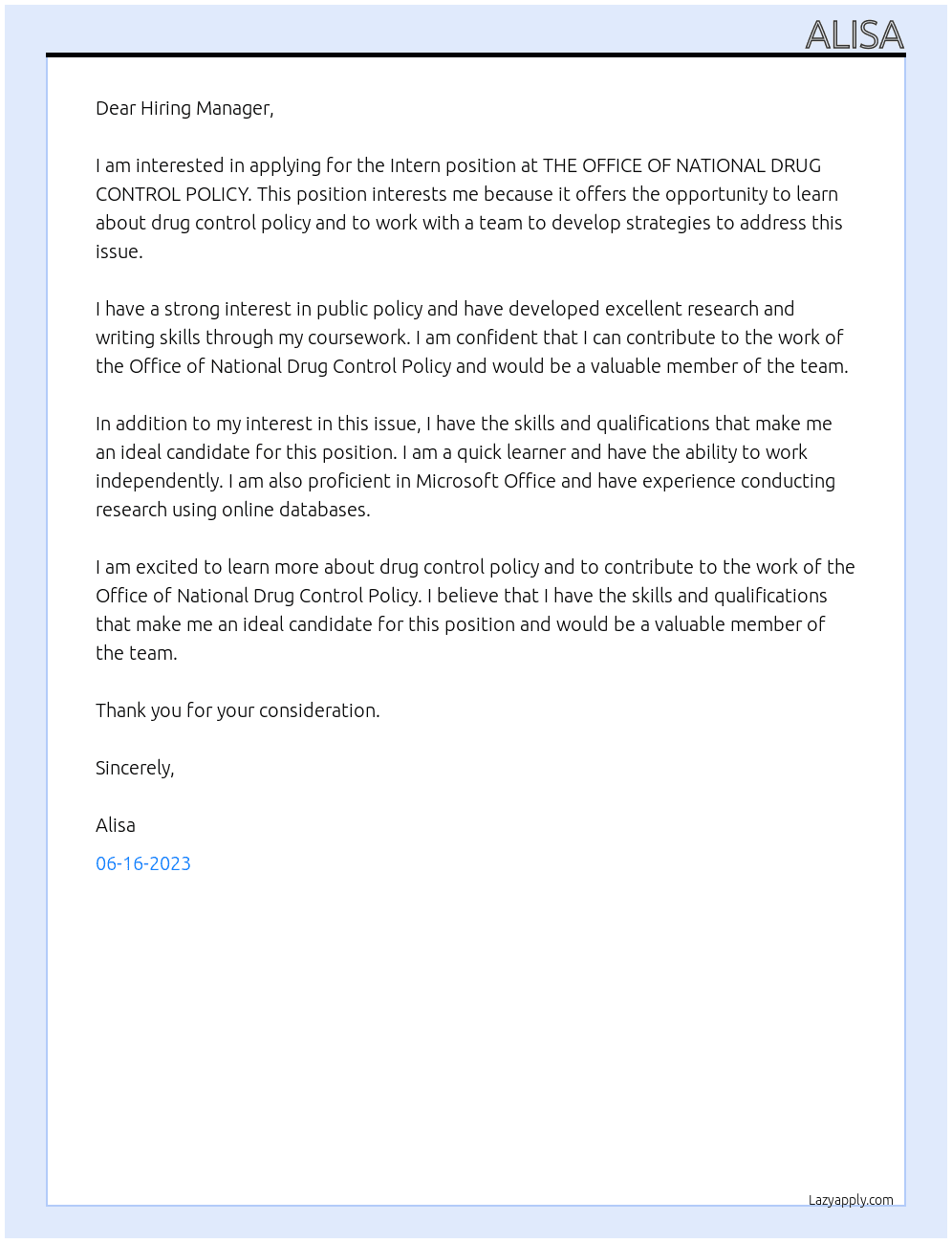 Intern At THE OFFICE OF NATIONAL DRUG CONTROL POLICY Cover Letter