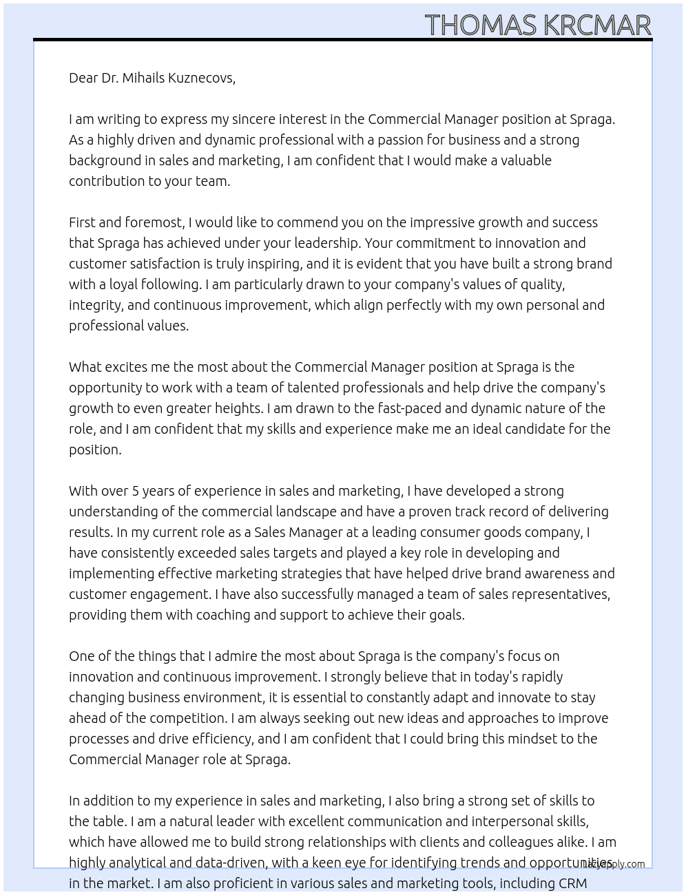 Commercial Manager At Spraga Cover Letter