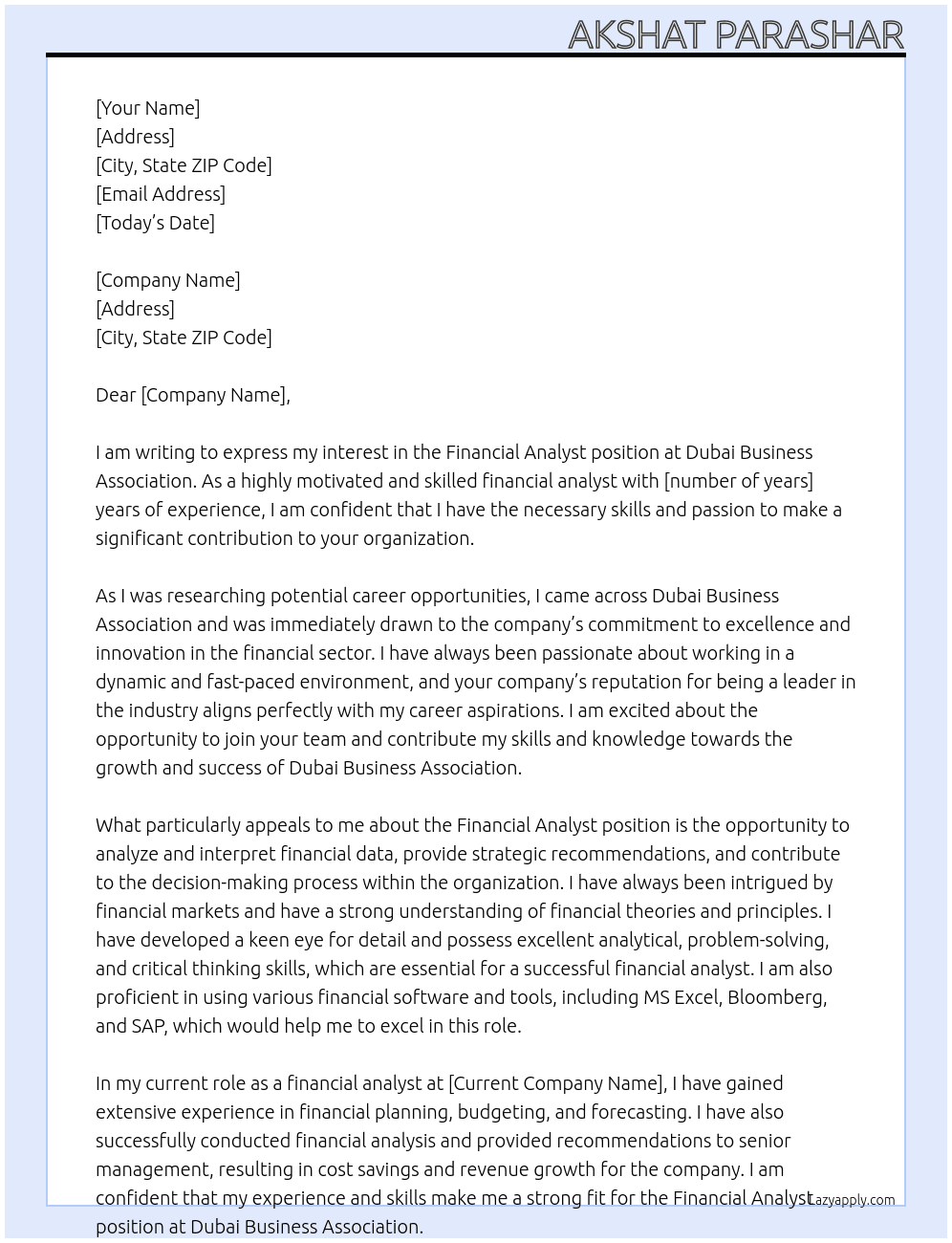 Financial analyst  At Dubai Business Association  Cover Letter