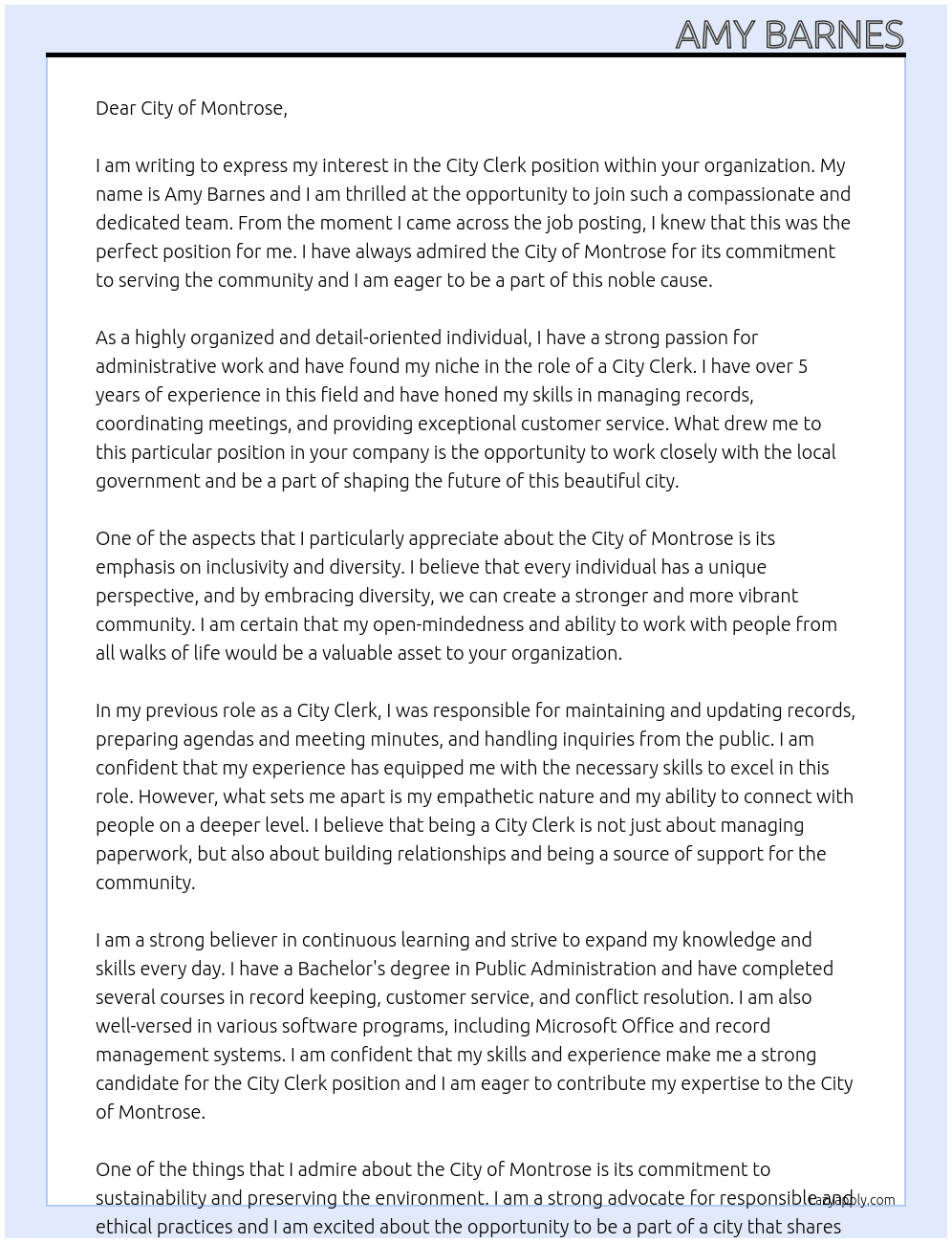City Clerk At City of Montrose Cover Letter