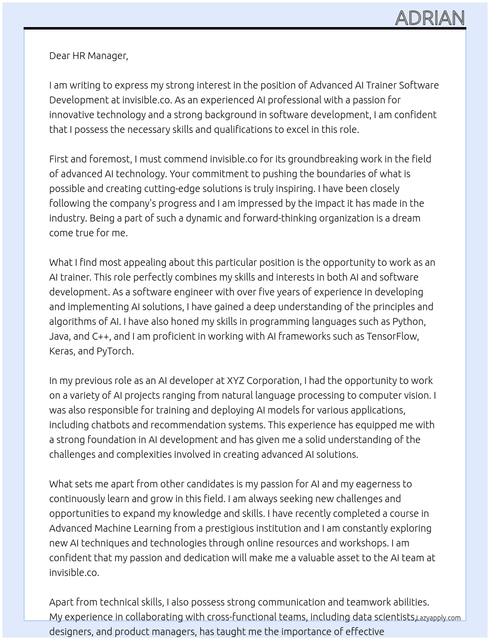 Advanced AI Trainer Software Development At invisible.co Cover Letter