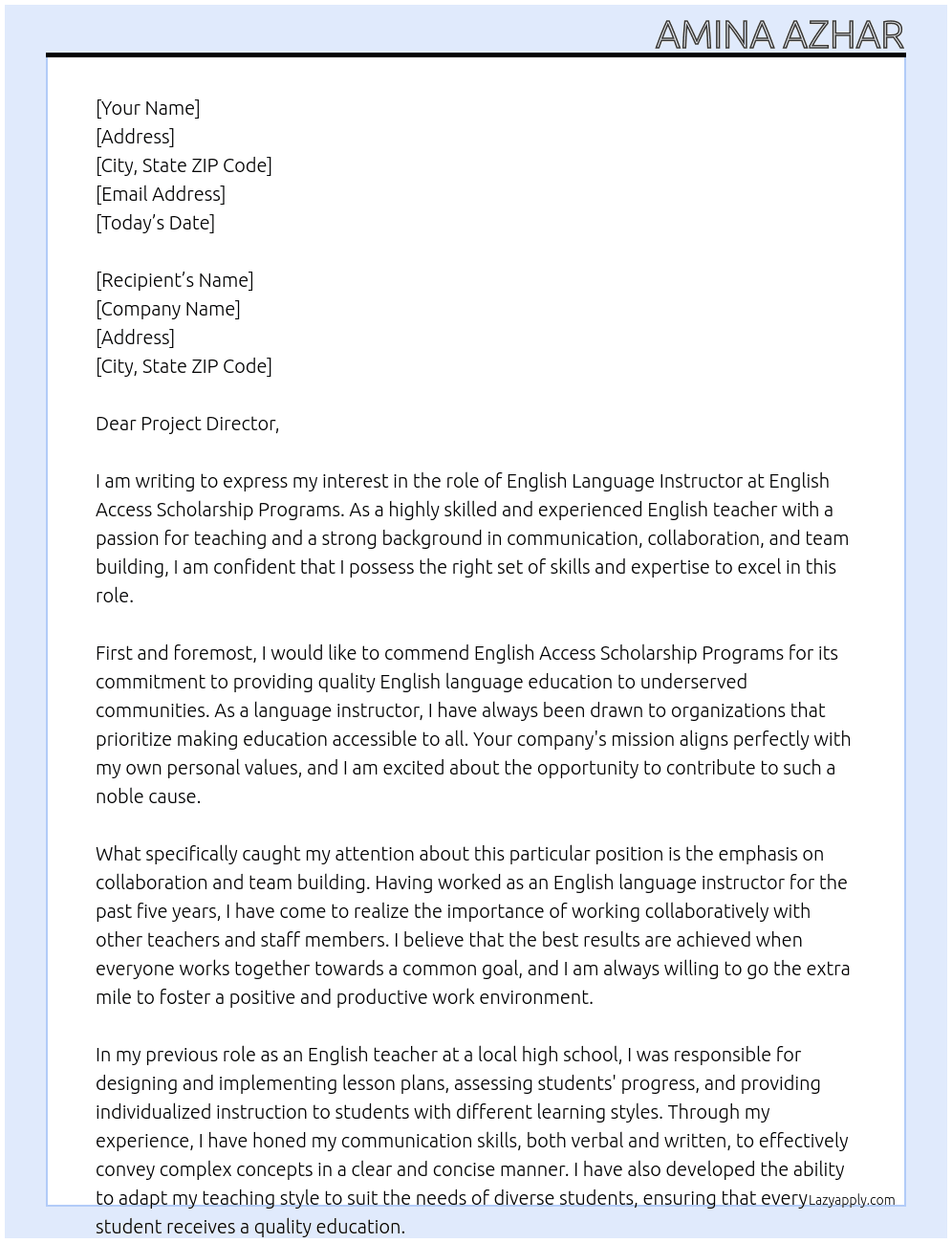 English Language Instructor At English Access Scholarship Programs Cover Letter