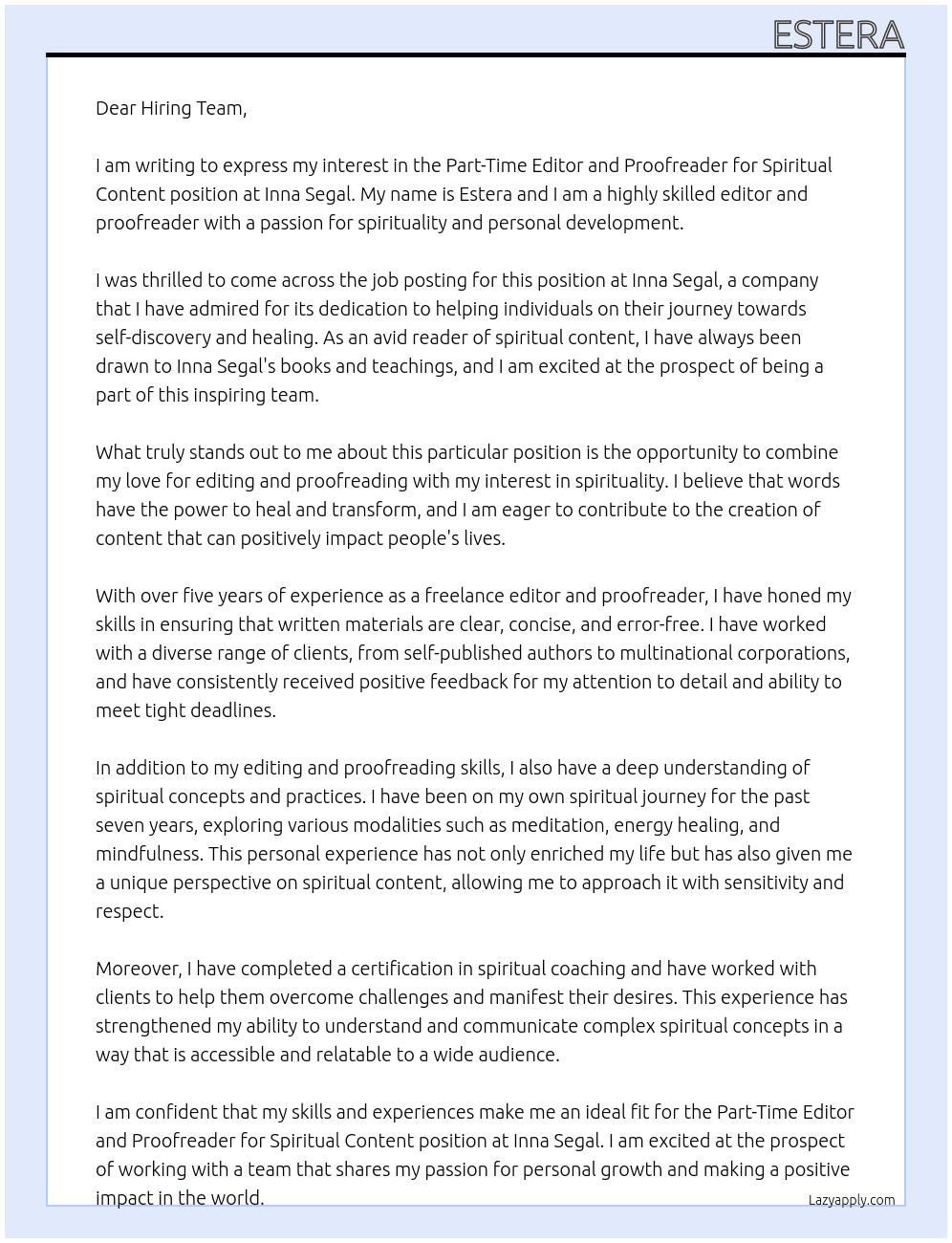 Part-Time Editor and Proofreader for Spiritual Content At Inna Segal Cover Letter