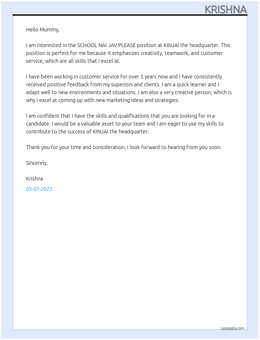 SCHOOL NAI JAV PLEASE  At KINJAl the headquarter Cover Letter