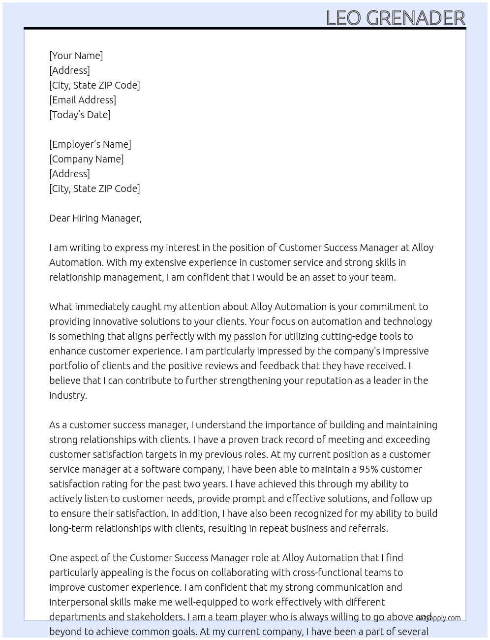 Customer Success manager At Alloy Automation Cover Letter