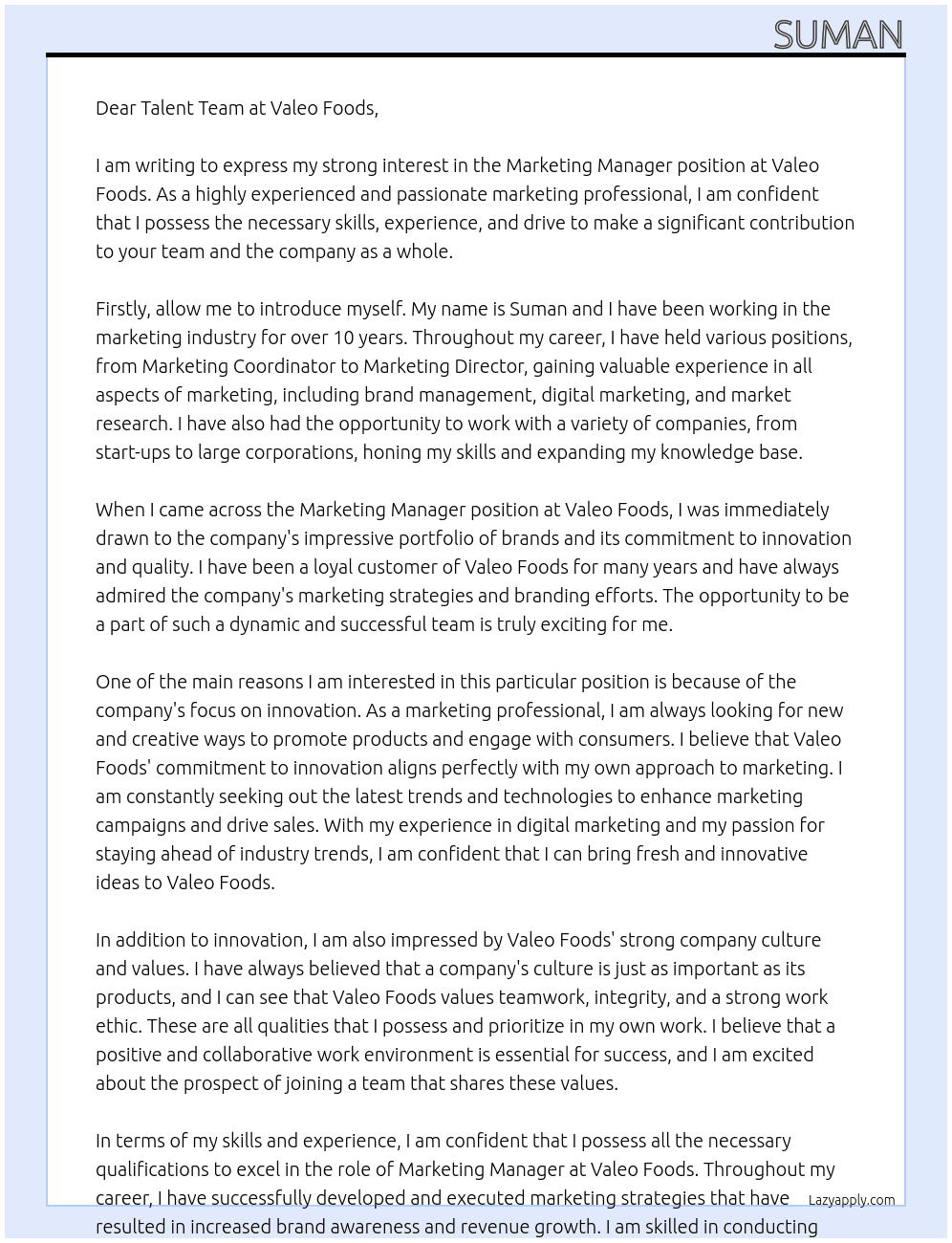 marketing manager At valeo foods Cover Letter
