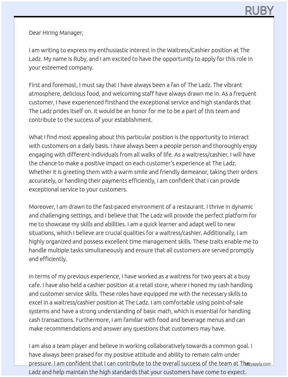 Waitress/cashier  At The ladz Cover Letter