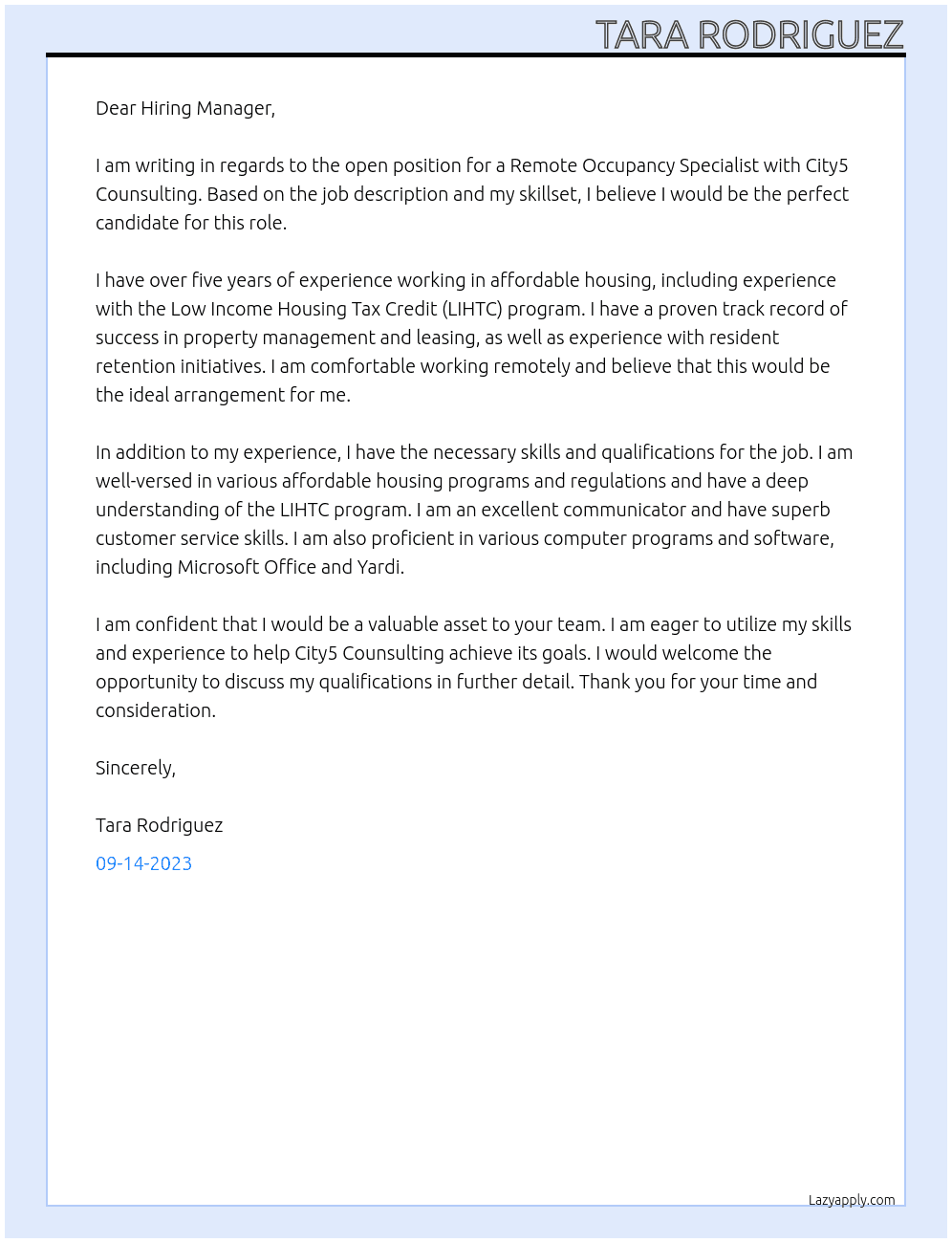 Remote Occupancy Specialist afforadable housing At City5 Counsulting Cover Letter