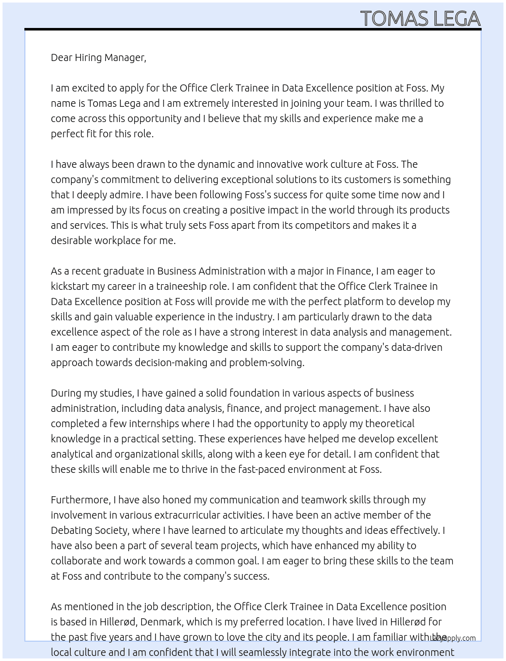 Office Clerk Trainee in Data Excellence At Foss Cover Letter