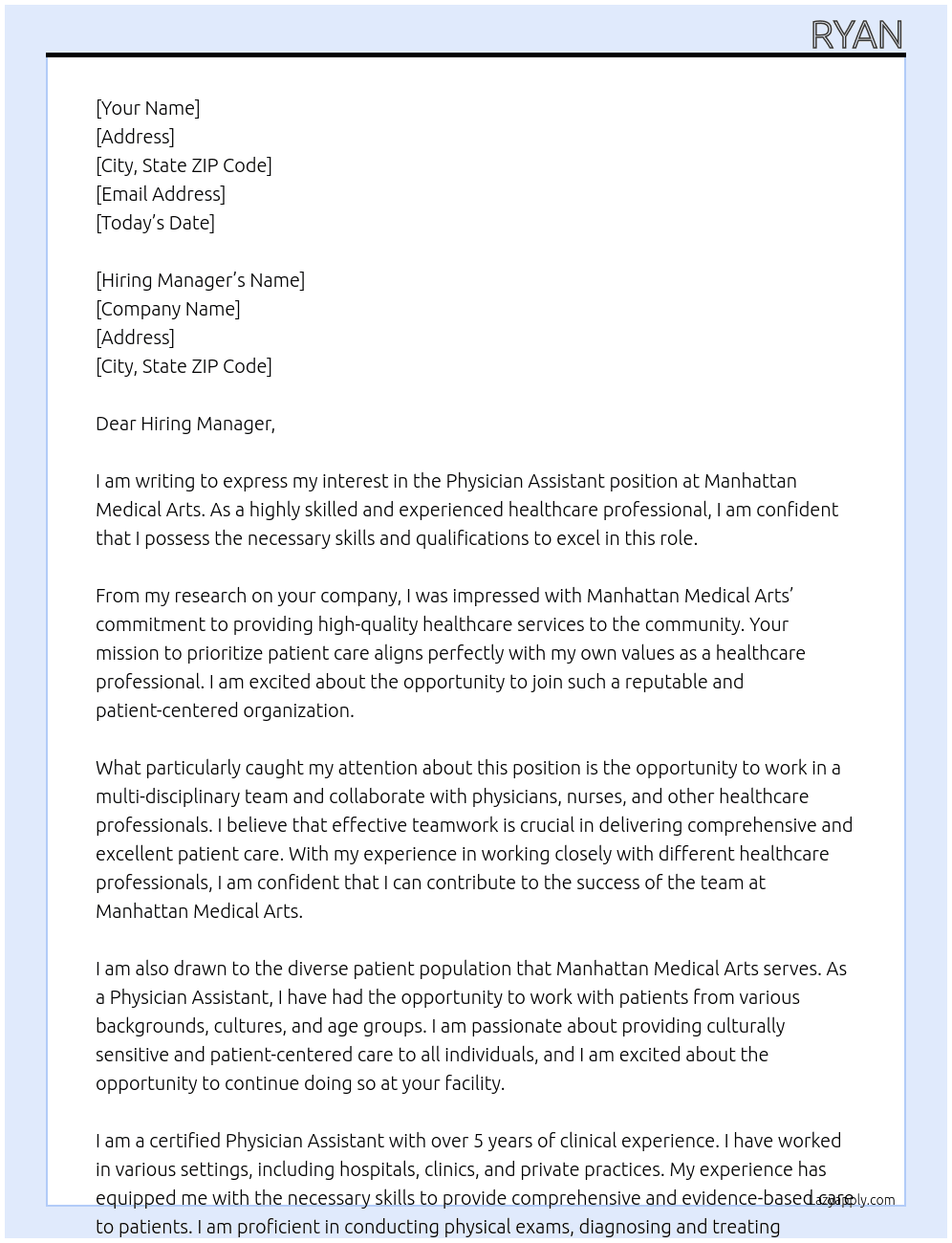 Physician Assistant At Manhattan Medical Arts Cover Letter