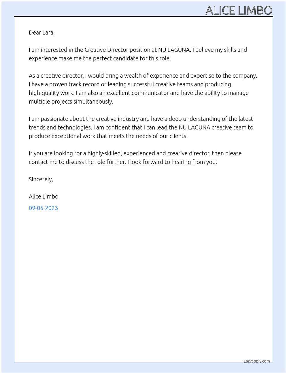 creative director At NU LAGUNA Cover Letter