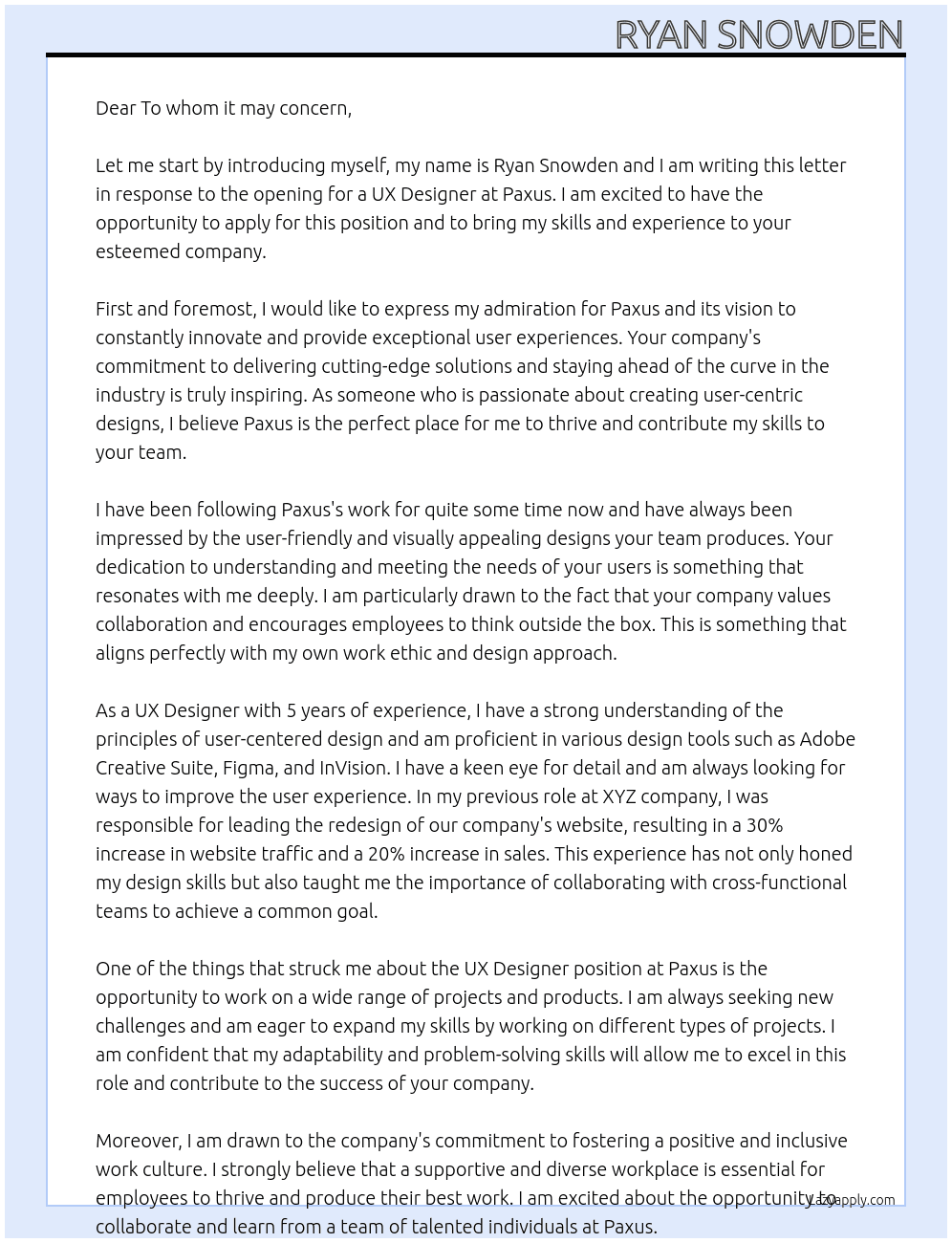 ux designer At Paxus Cover Letter