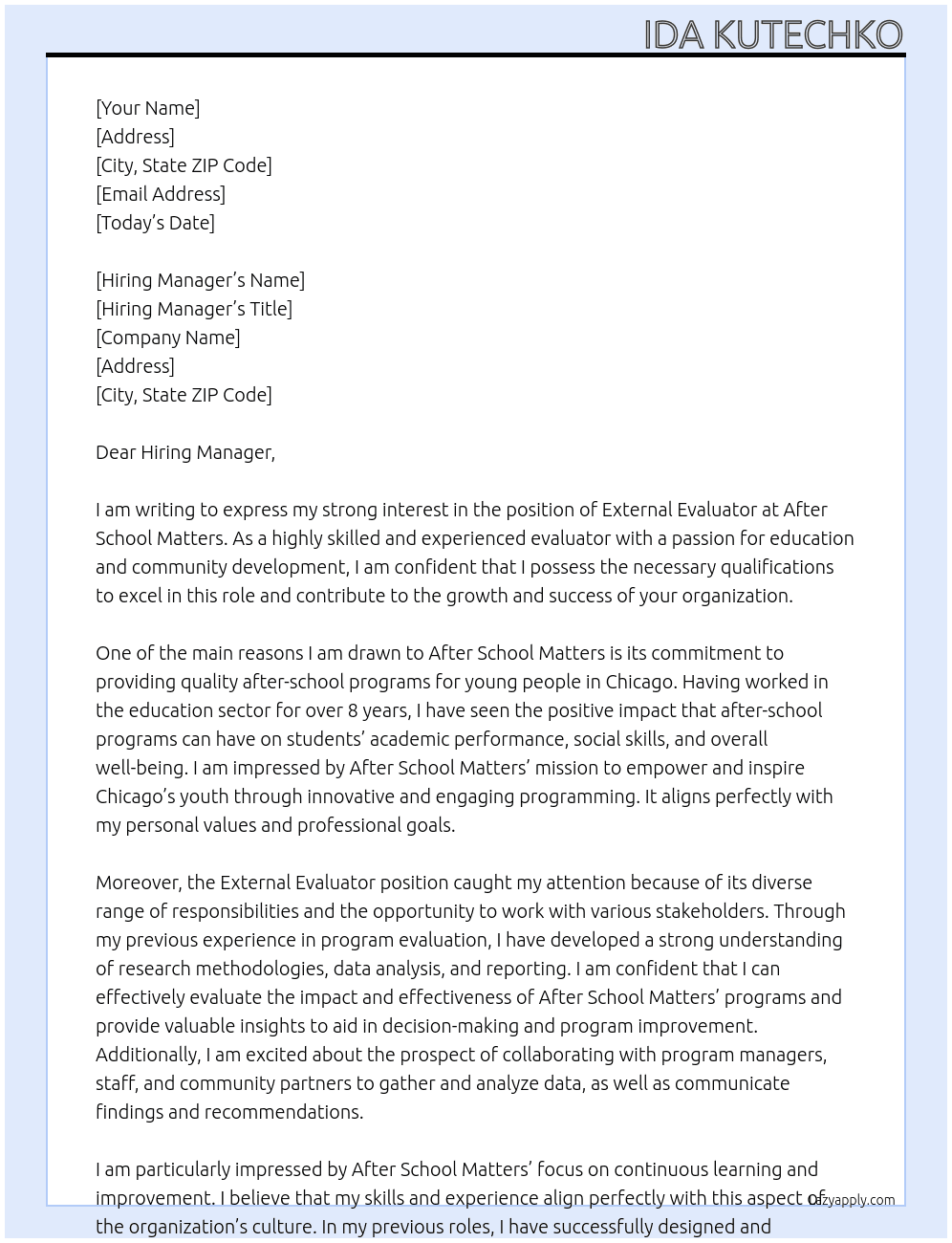 External Evaluator At After School Matters Cover Letter