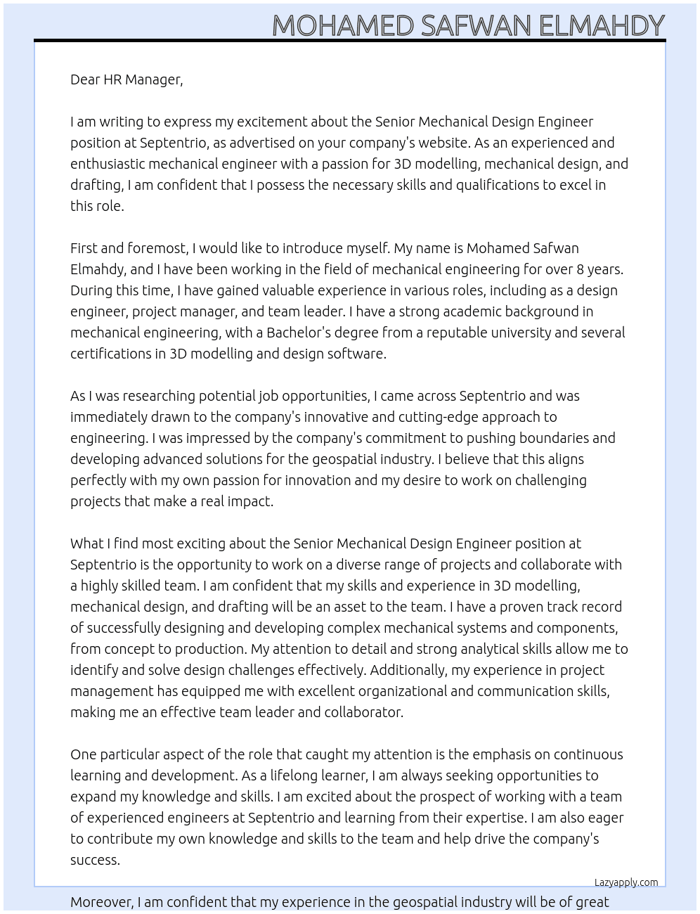 Senior mechanical design engineer At Septentrio Cover Letter