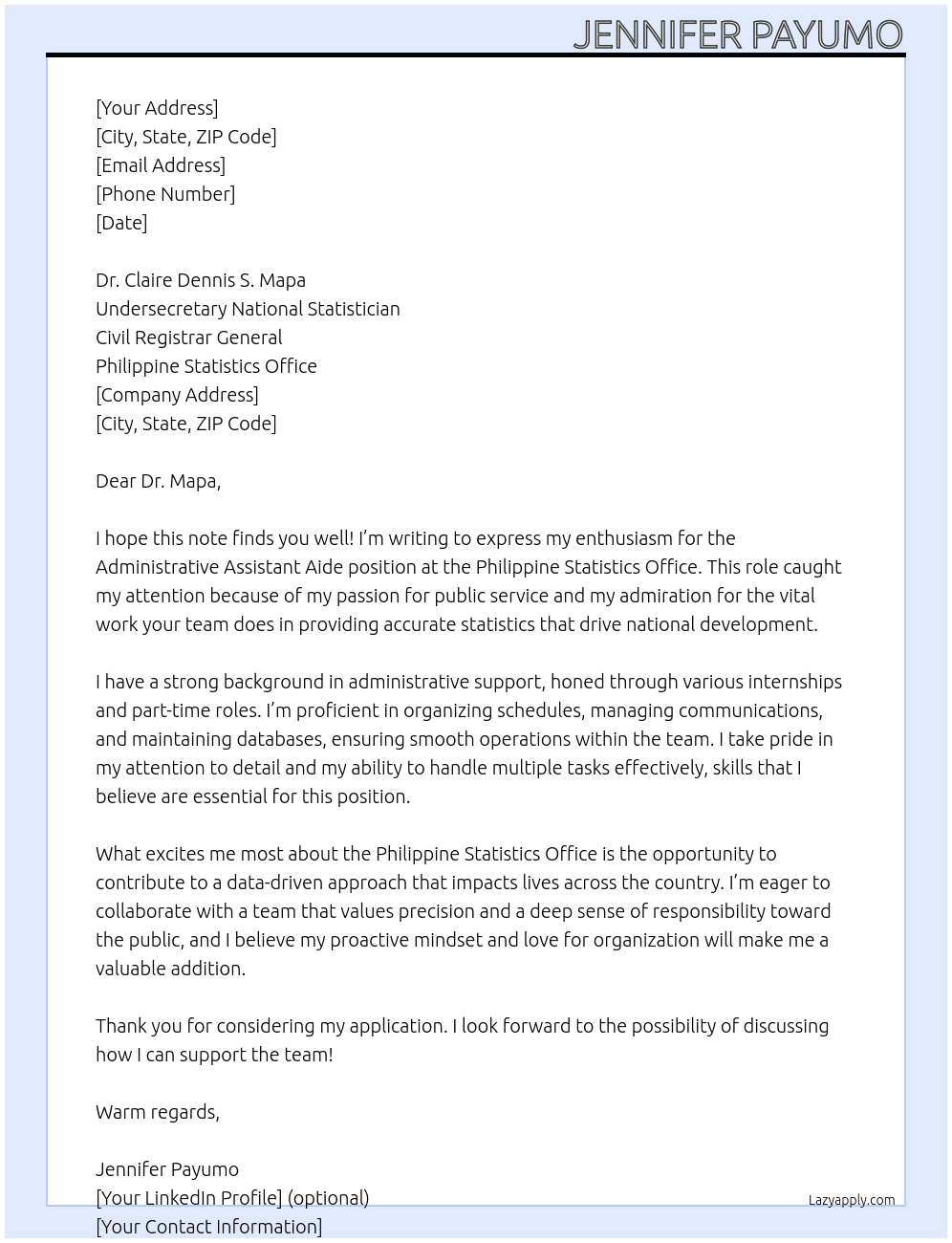 administrative assistant aide At Philippine statistics office Cover Letter