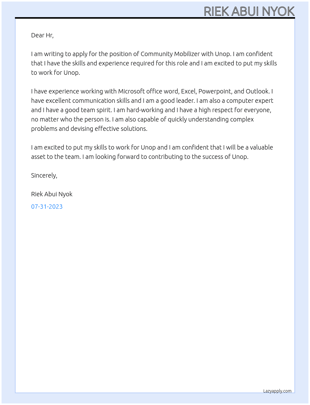 Community Mobilizer  At Unop Cover Letter