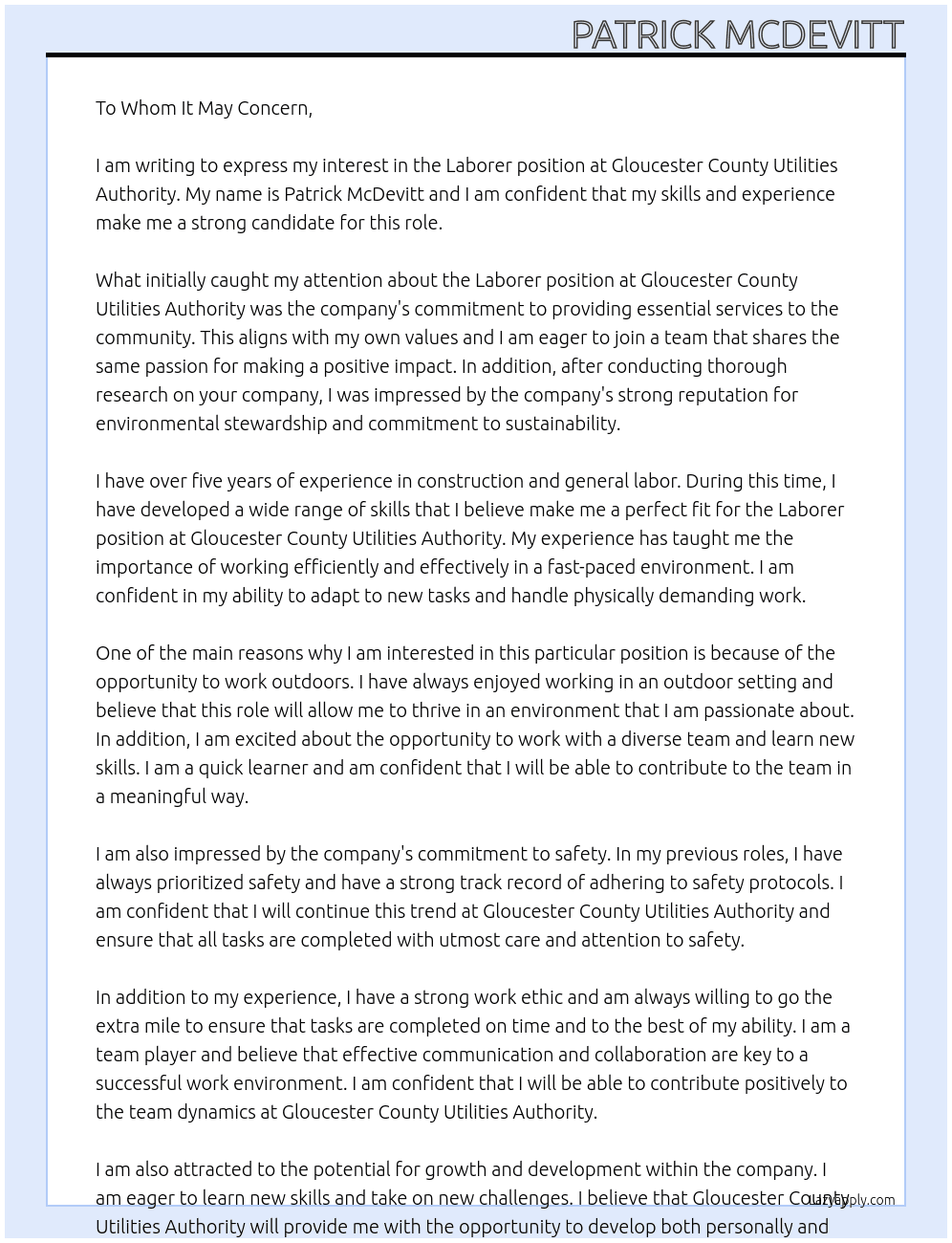 Laborer At Gloucester County Utilities Authority Cover Letter