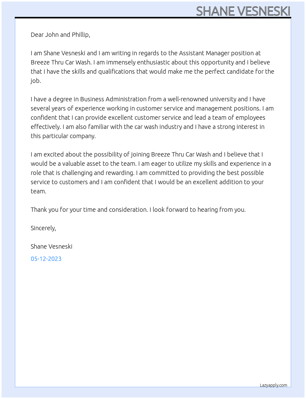 Assistant Manager At Breeze Thru Car Wash Cover Letter