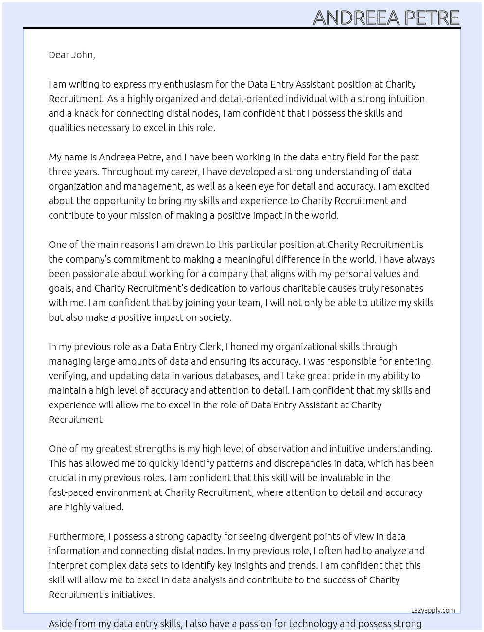 data entry assistant At Charity Recruitment Cover Letter