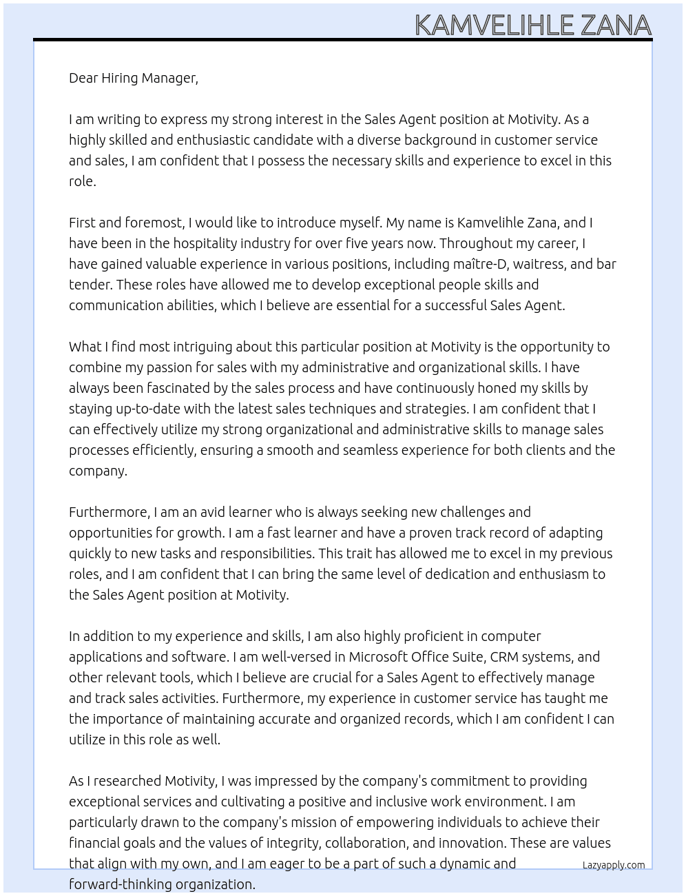 Sales Agent At Motivity Cover Letter
