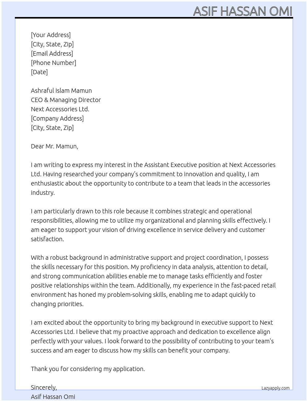 Assistant Executive At Next Accessories Ltd.  Cover Letter