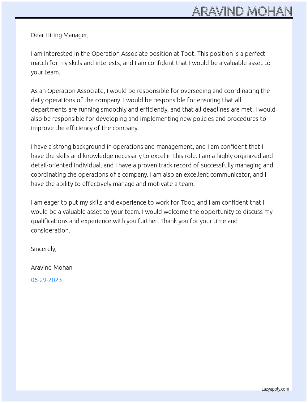 Operation associate  At Tbot Cover Letter