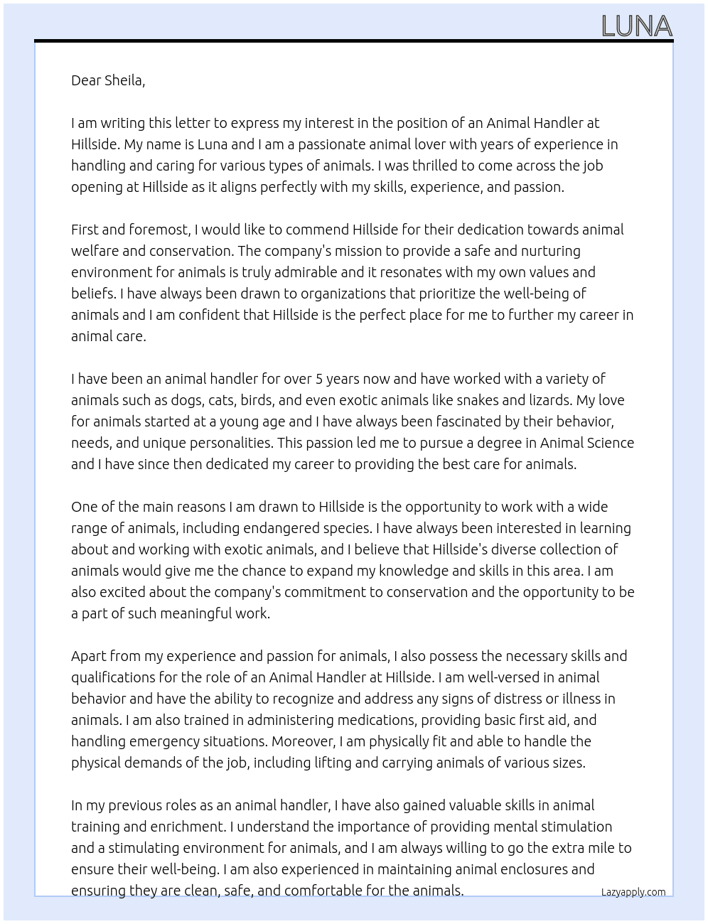 Animal handler At Hillside Cover Letter
