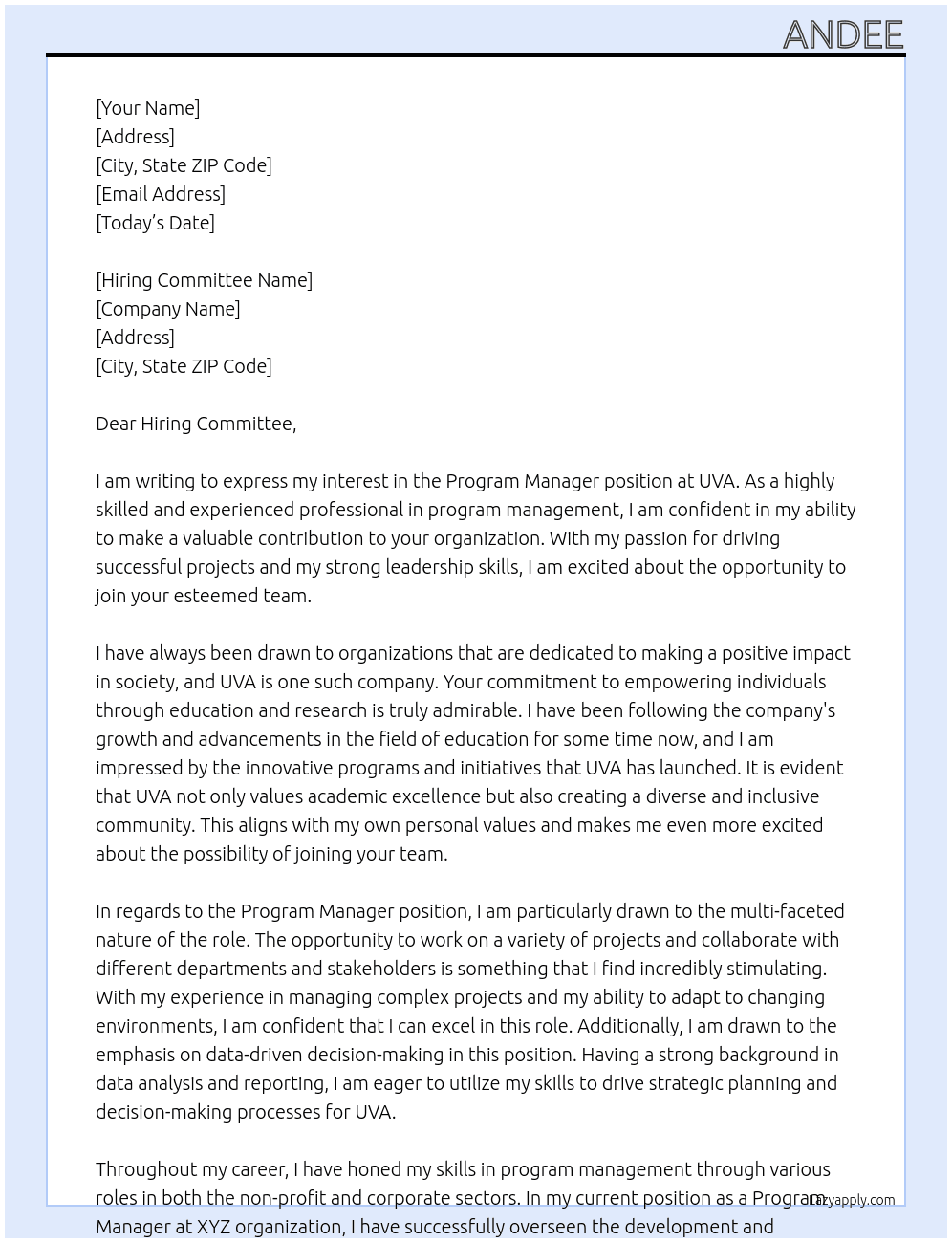 Program Manager At UVA Cover Letter