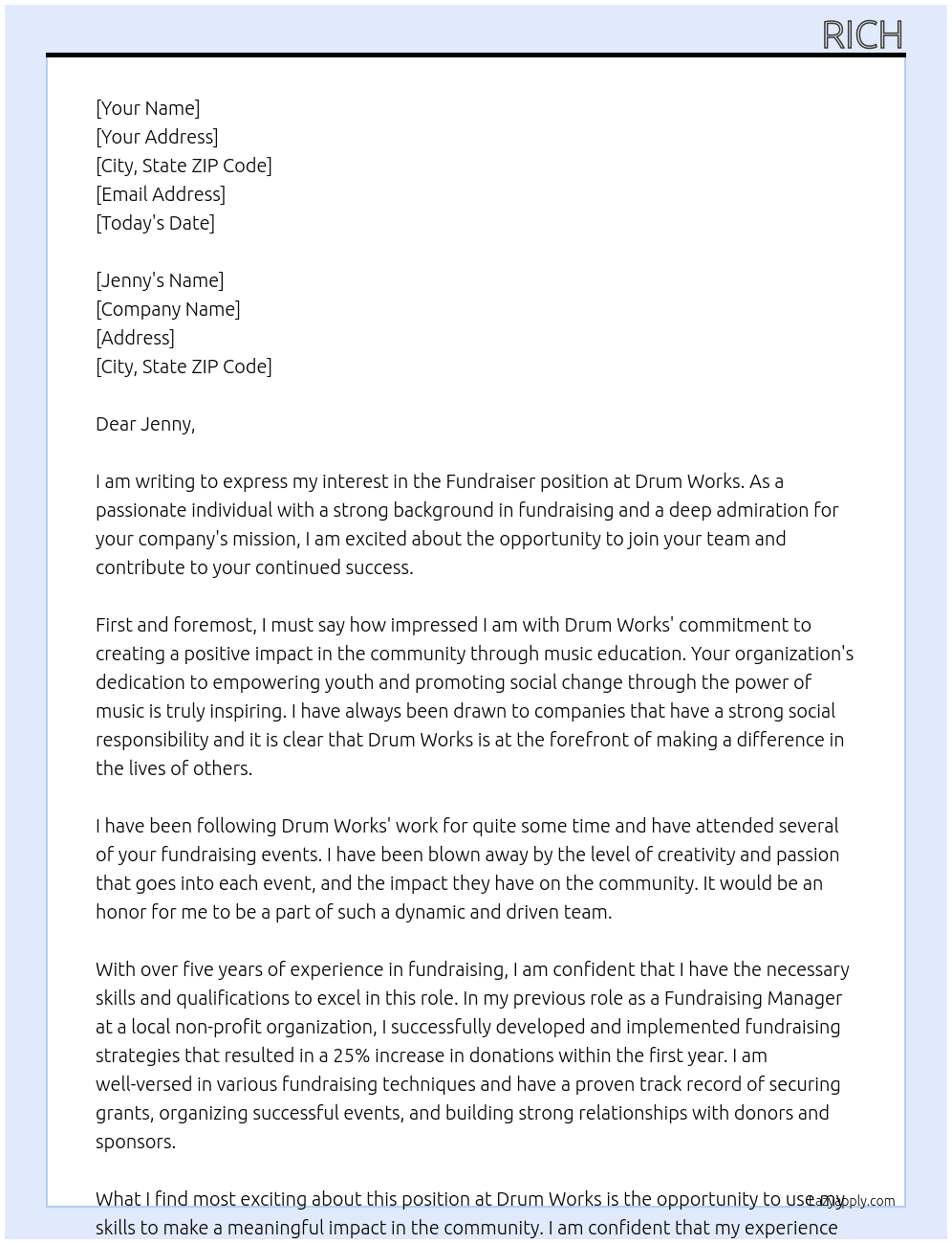 Fundraiser At Drum Works Cover Letter