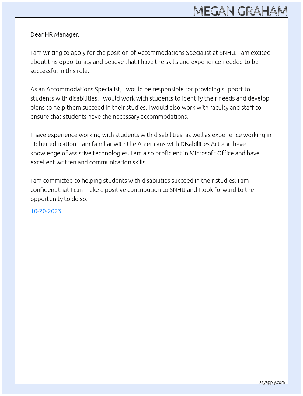 Accommodations Specialist At SNHU Cover Letter
