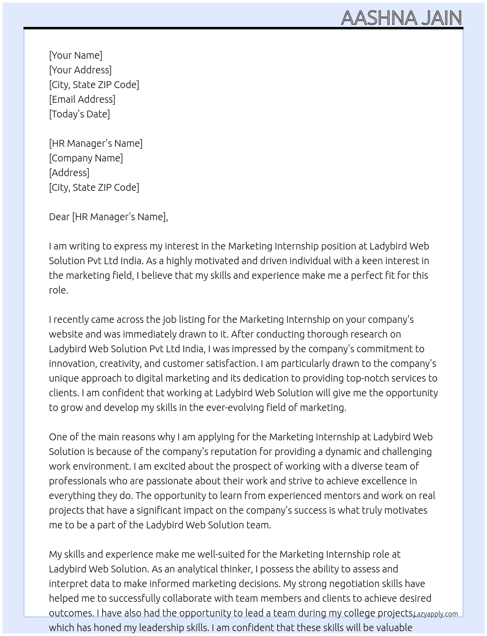 Marketing Internship  At Ladybird Web Solution Pvt Ltd India Cover Letter