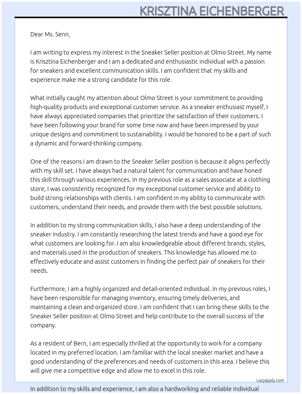 Sneaker seller At Olmo street Cover Letter
