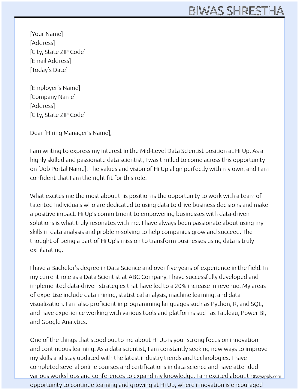 Mid-Level Data Scientist At Hi Up Cover Letter