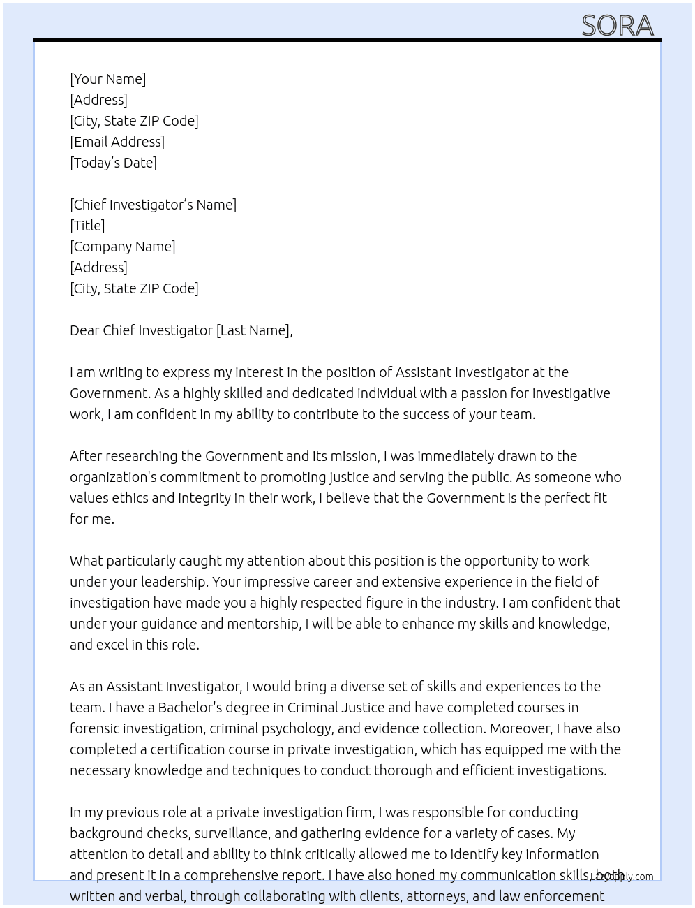 Cover letter for assistant investigator - LazyApply