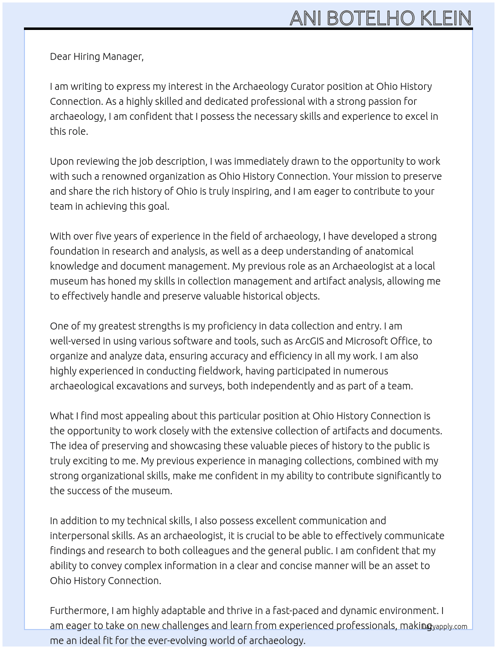 Archaeology Curator At Ohio History Connection Cover Letter