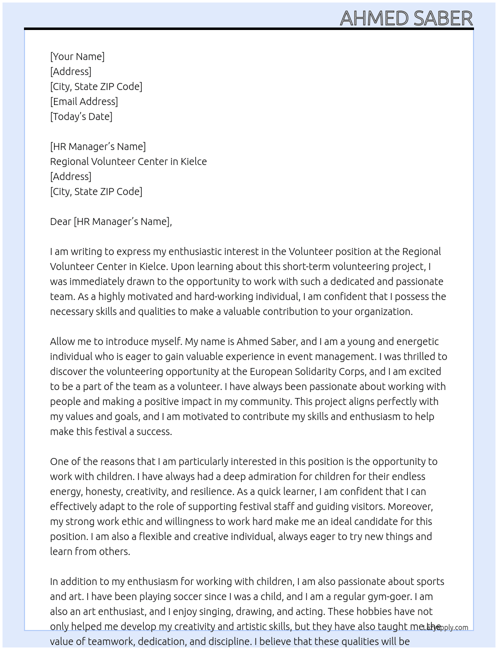 Volunteer - (Short-term volunteering project) At Regional Volunteer Center in Kielce Cover Letter