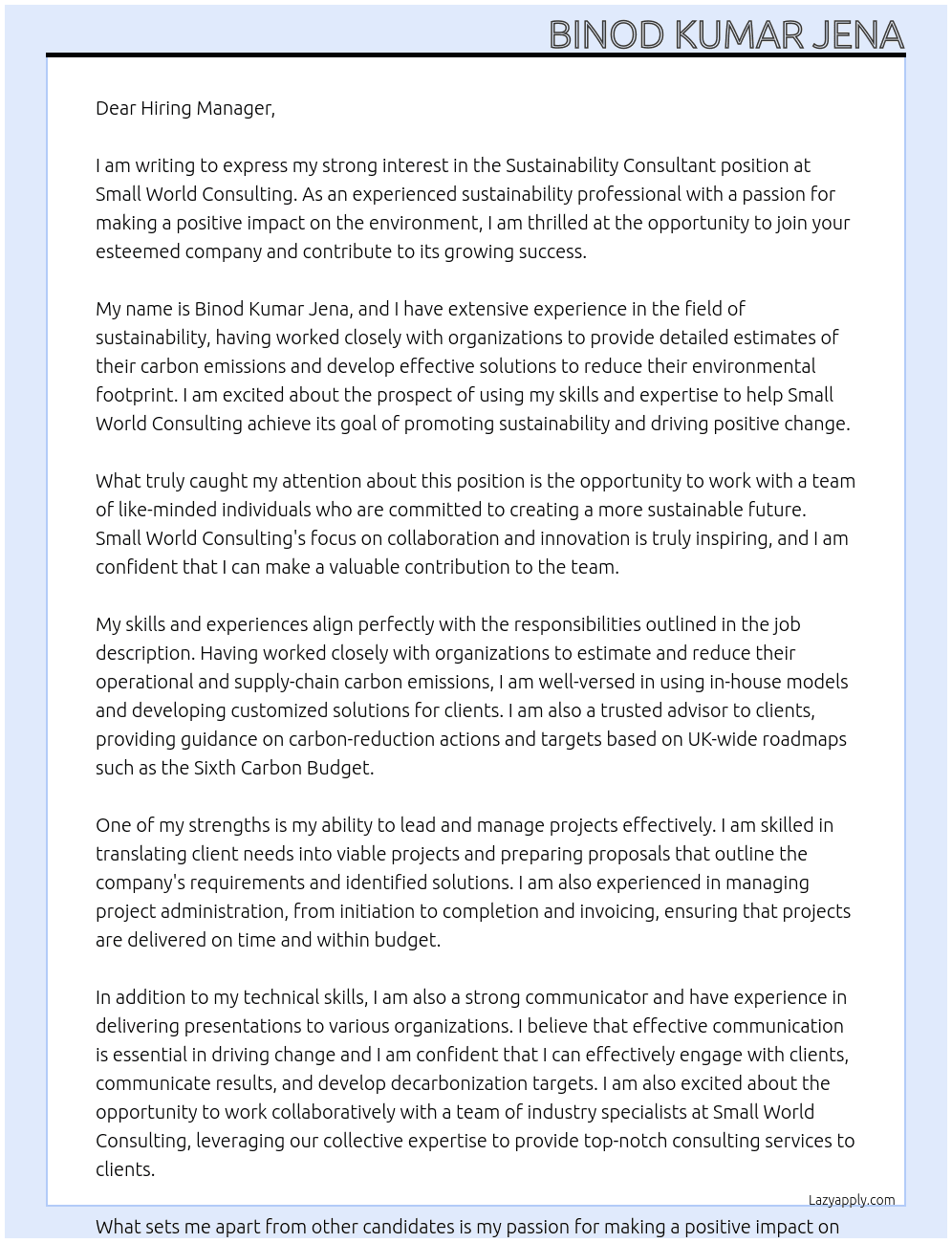 Sustainability consultant At Small world consulting Cover Letter