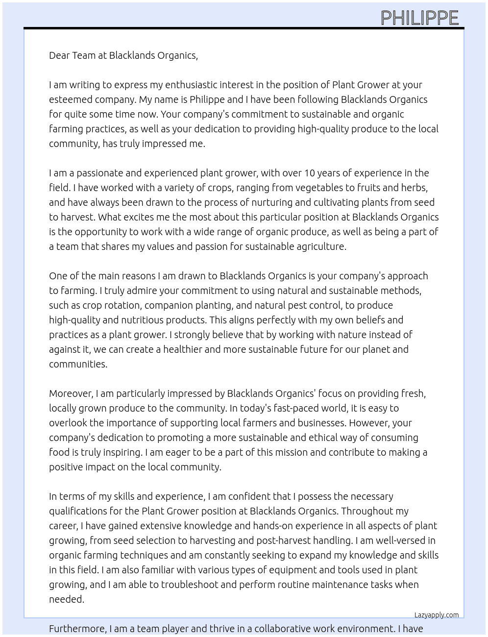 Plant grower At Blacklands Organics  Cover Letter