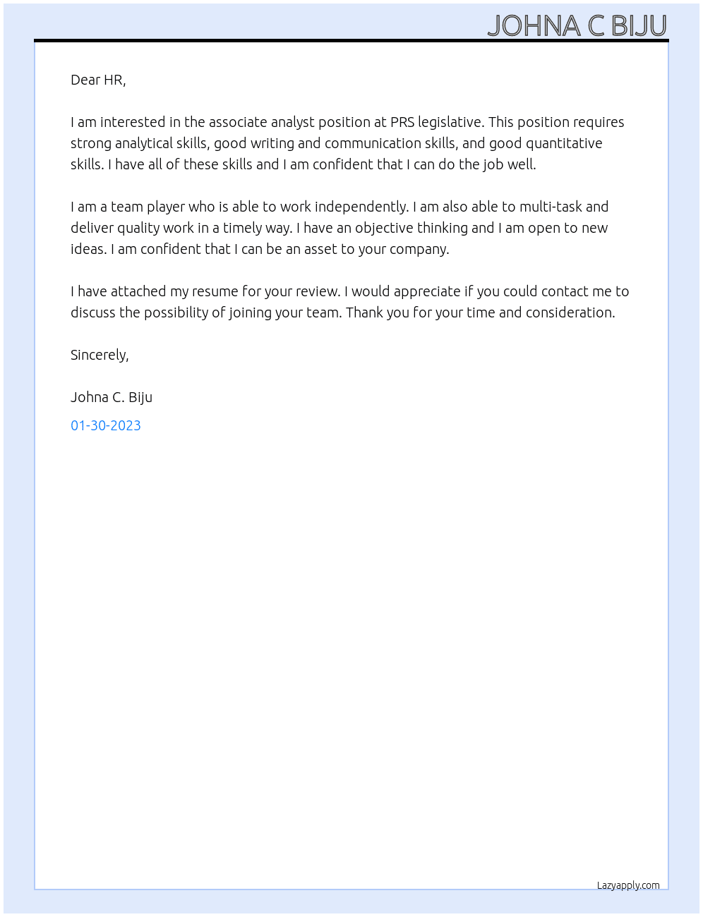 associate analyst  At PRS legislative  Cover Letter