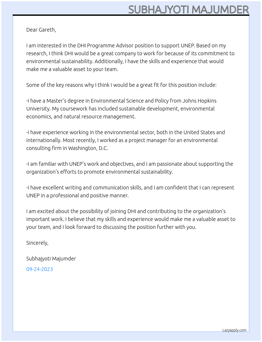 DHI Programme Advisor to support UNEP At DHI Cover Letter