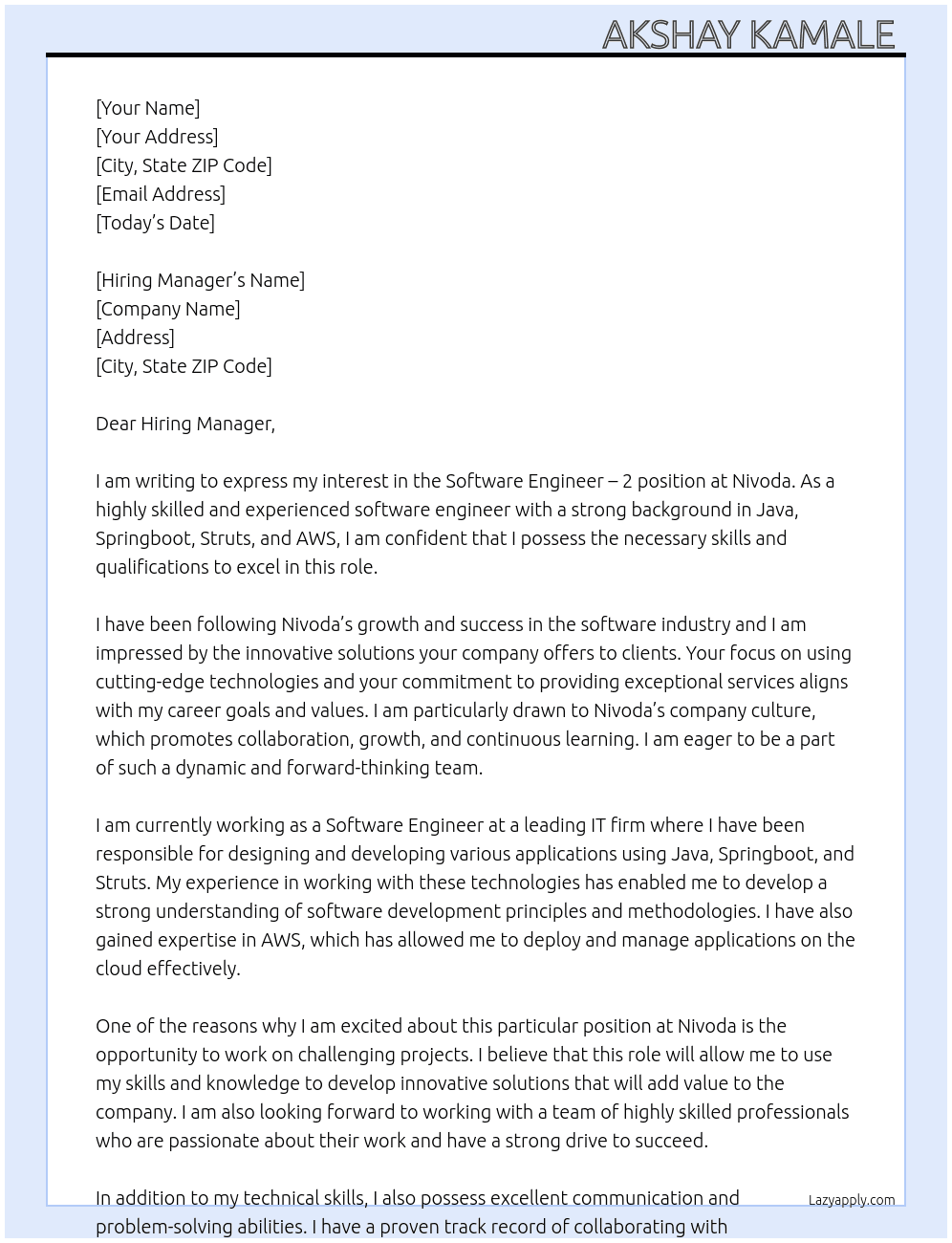 Software Engineer - 2 At Nivoda Cover Letter
