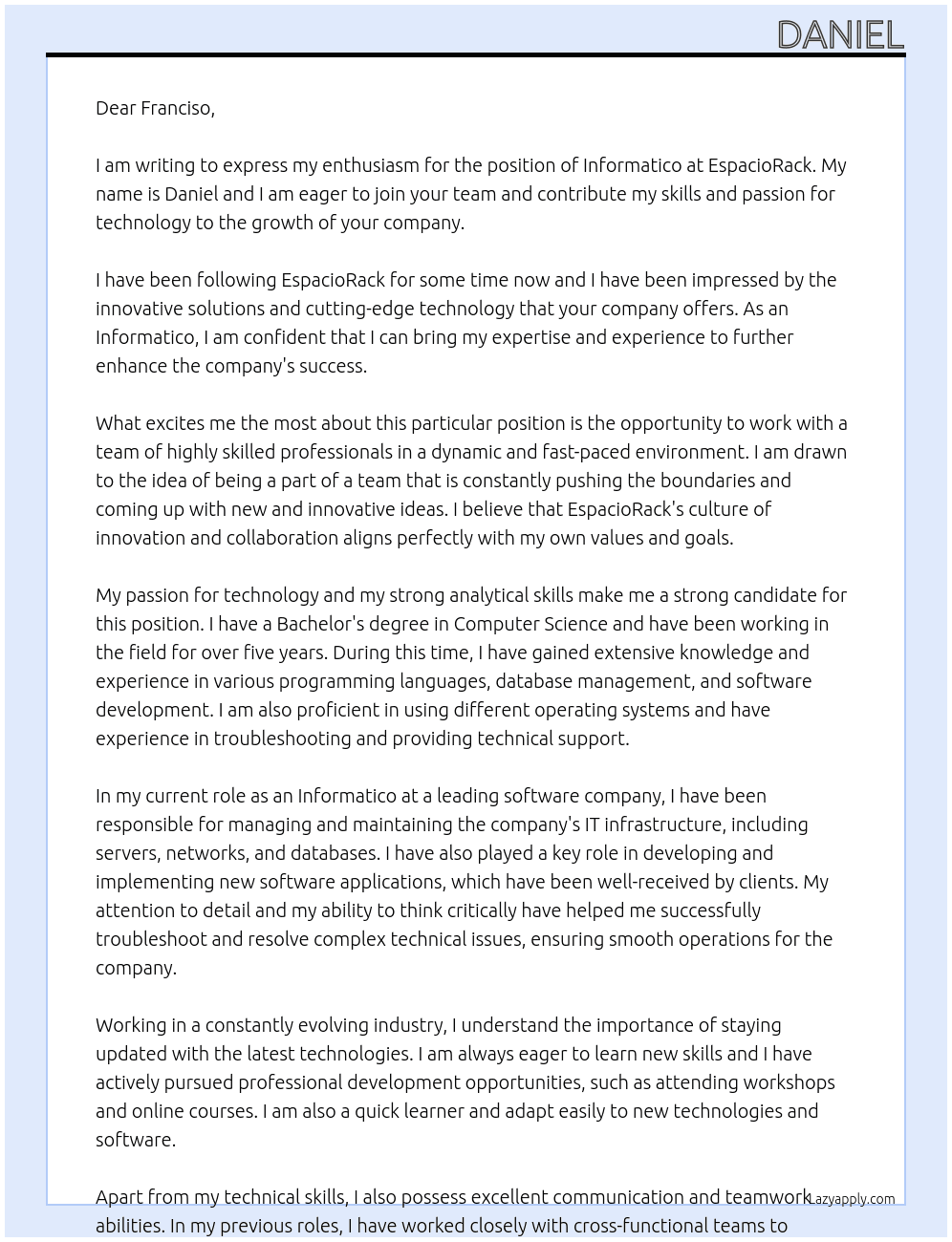 informatico  At EspacioRack Cover Letter