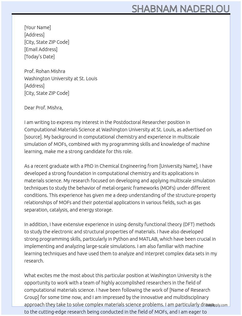 Postdoctoral Researcher in Computational Materials Science At Washington University at St. Louis Cover Letter
