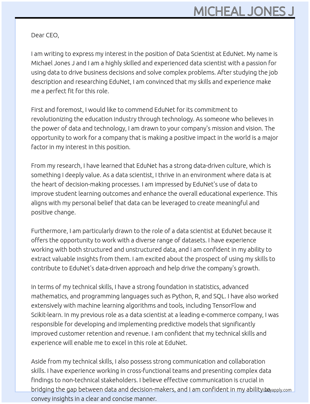 Data scientist  At EduNet Cover Letter