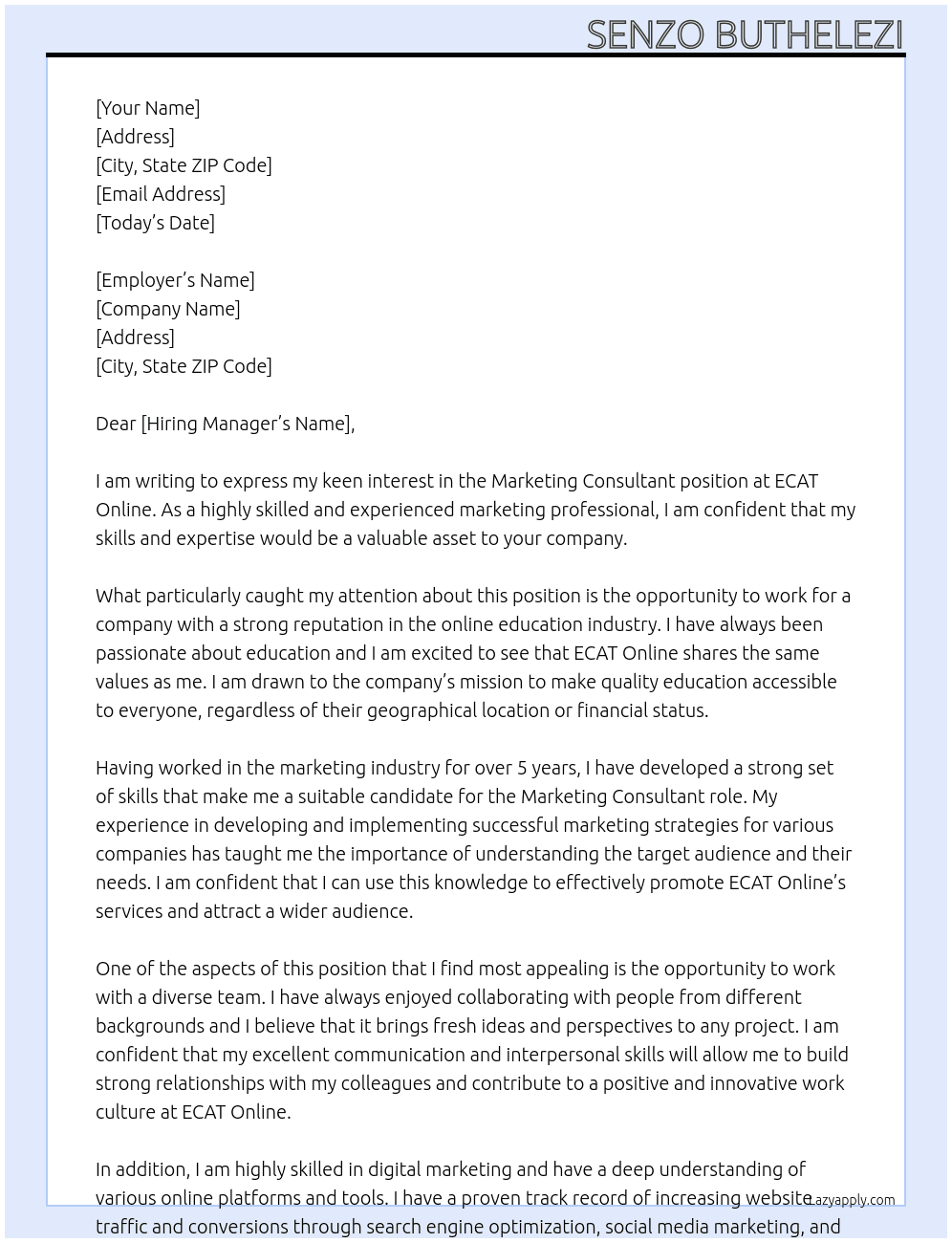 Marketing Consultant At ECAT Online Cover Letter