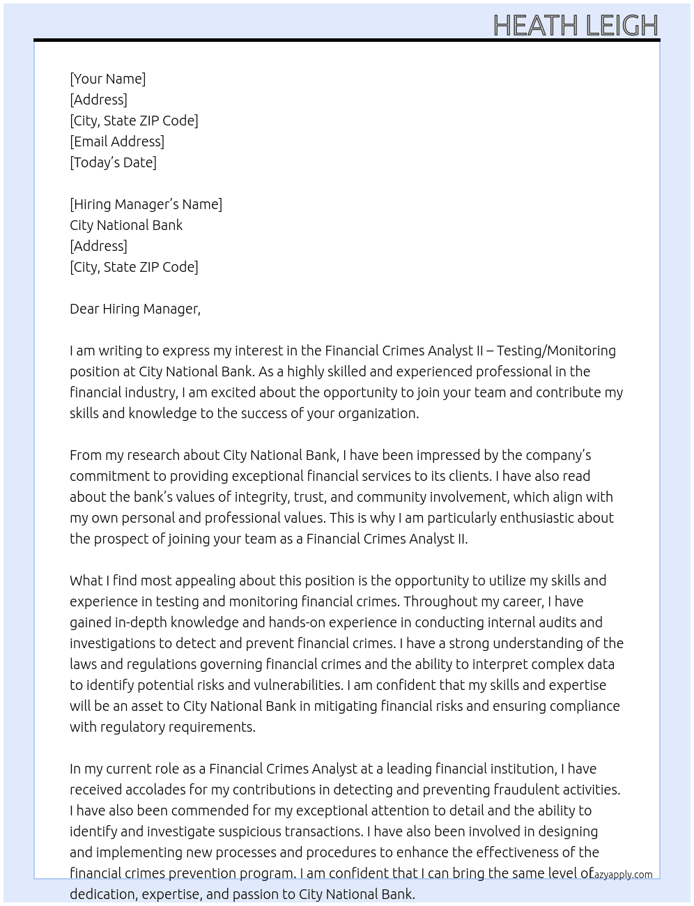 Financial Crimes Analyst II - Testing/Monitoring  At City National Bank Cover Letter
