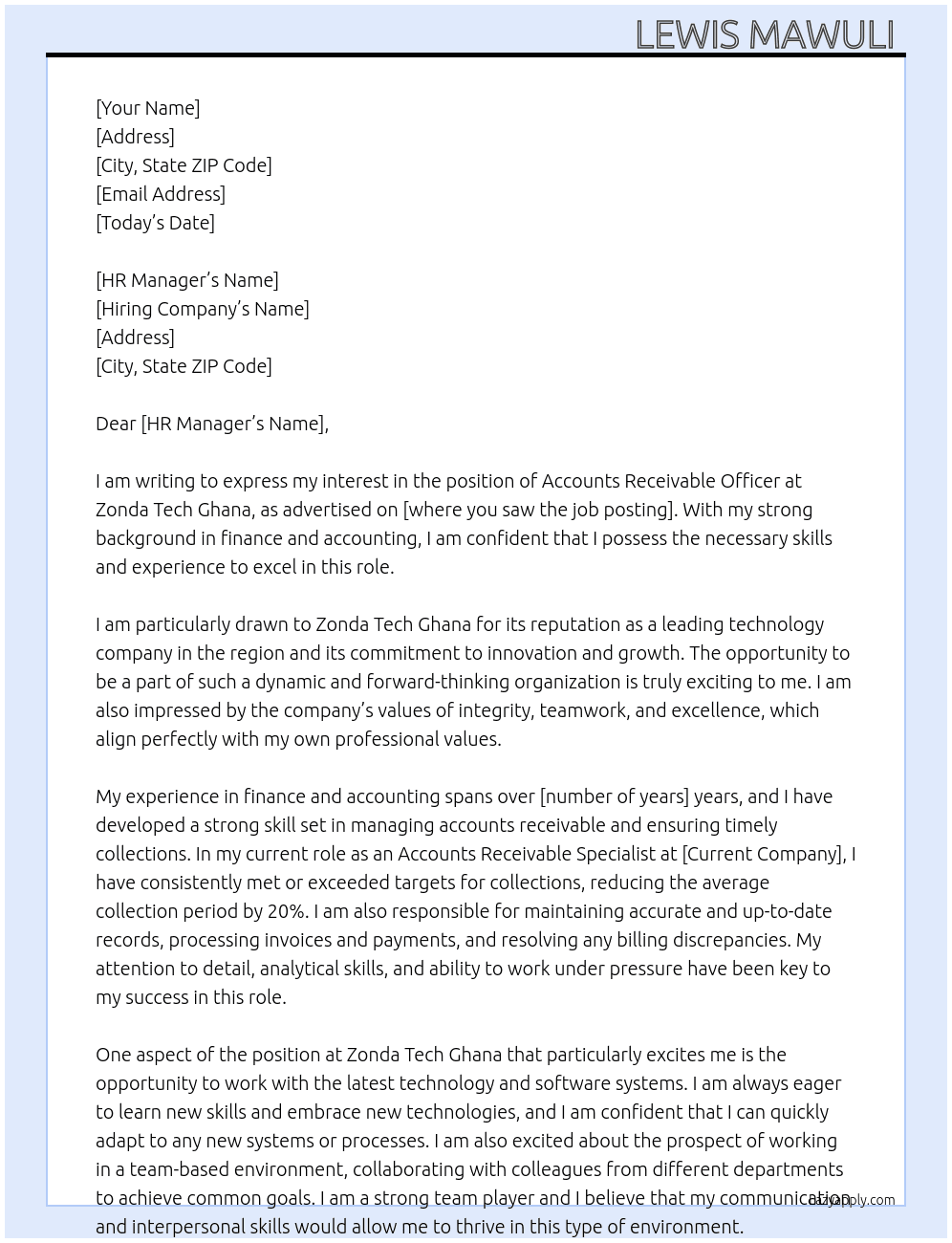 Accounts receivable officer At Zonda tech ghana  Cover Letter