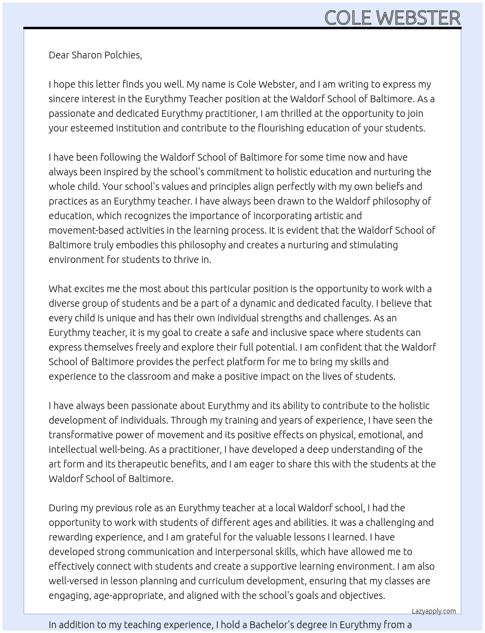 Eurythmy Teacher At Waldorf School of Baltimore Cover Letter